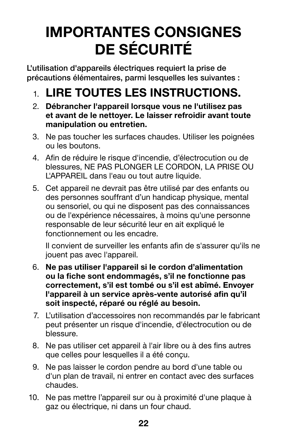 Importantes consignes de sécurité, Lire toutes les instructions | Waring WWCM200 User Manual | Page 22 / 32