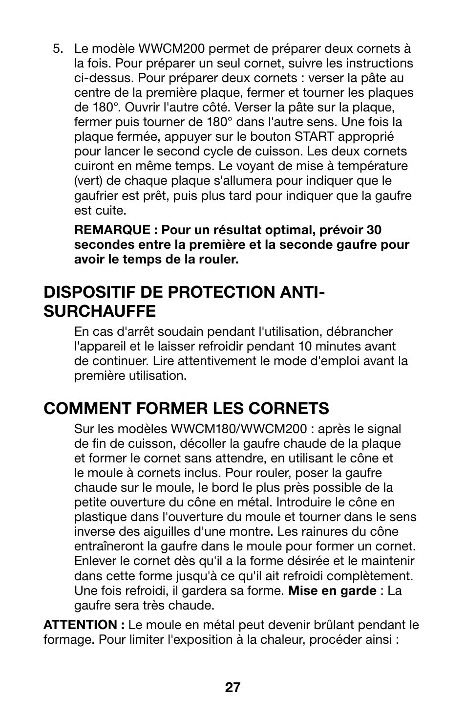 Dispositif de protection anti- surchauffe, Comment former les cornets | Waring WWCM200 User Manual | Page 27 / 32