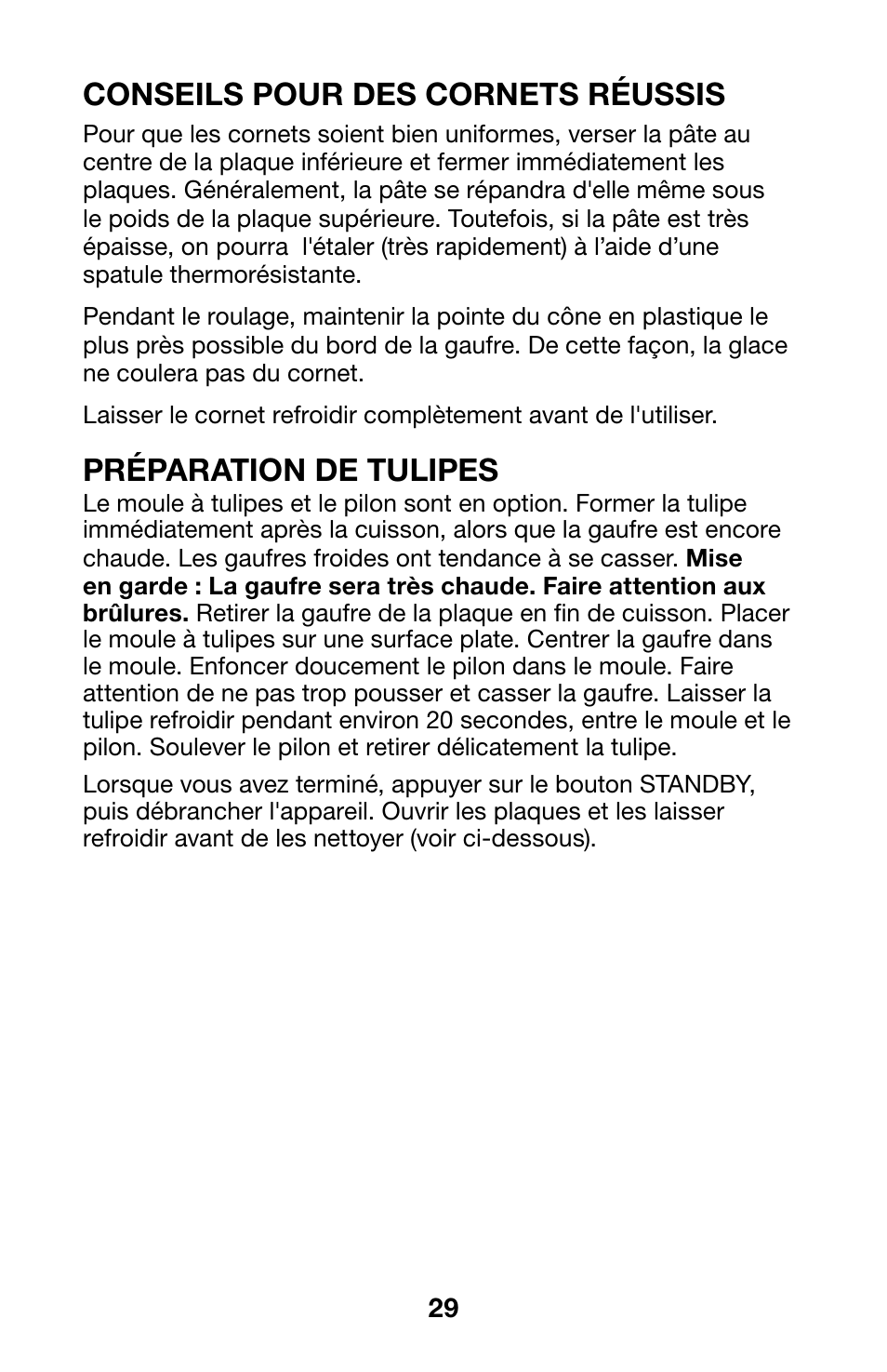Conseils pour des cornets réussis, Préparation de tulipes | Waring WWCM200 User Manual | Page 29 / 32