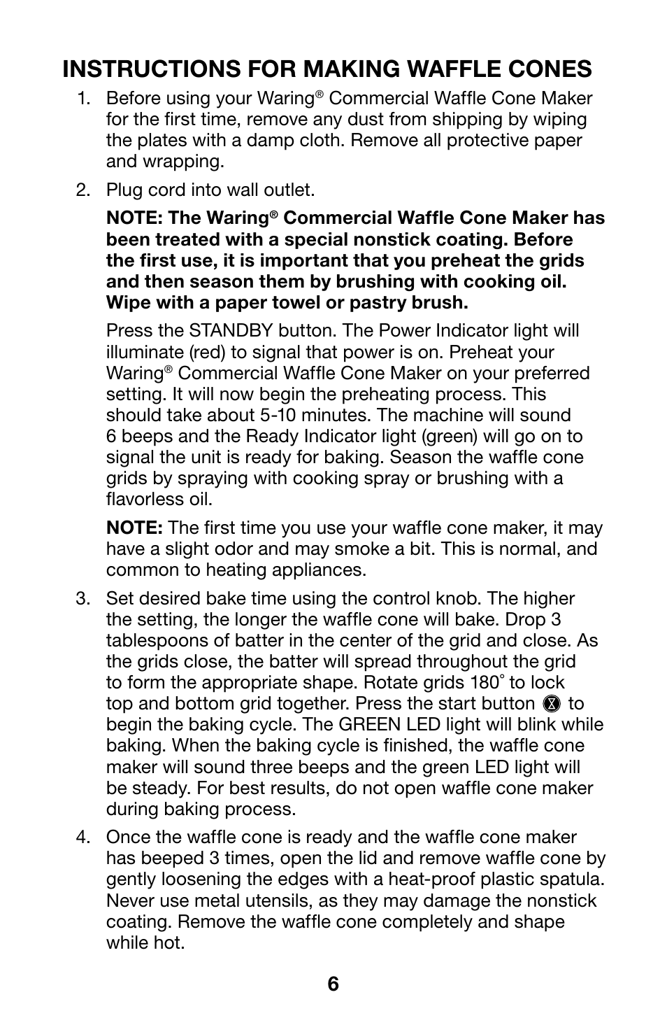 Instructions for making waffle cones | Waring WWCM200 User Manual | Page 6 / 32