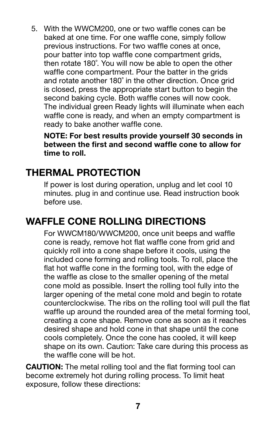 Thermal protection, Waffle cone rolling directions | Waring WWCM200 User Manual | Page 7 / 32