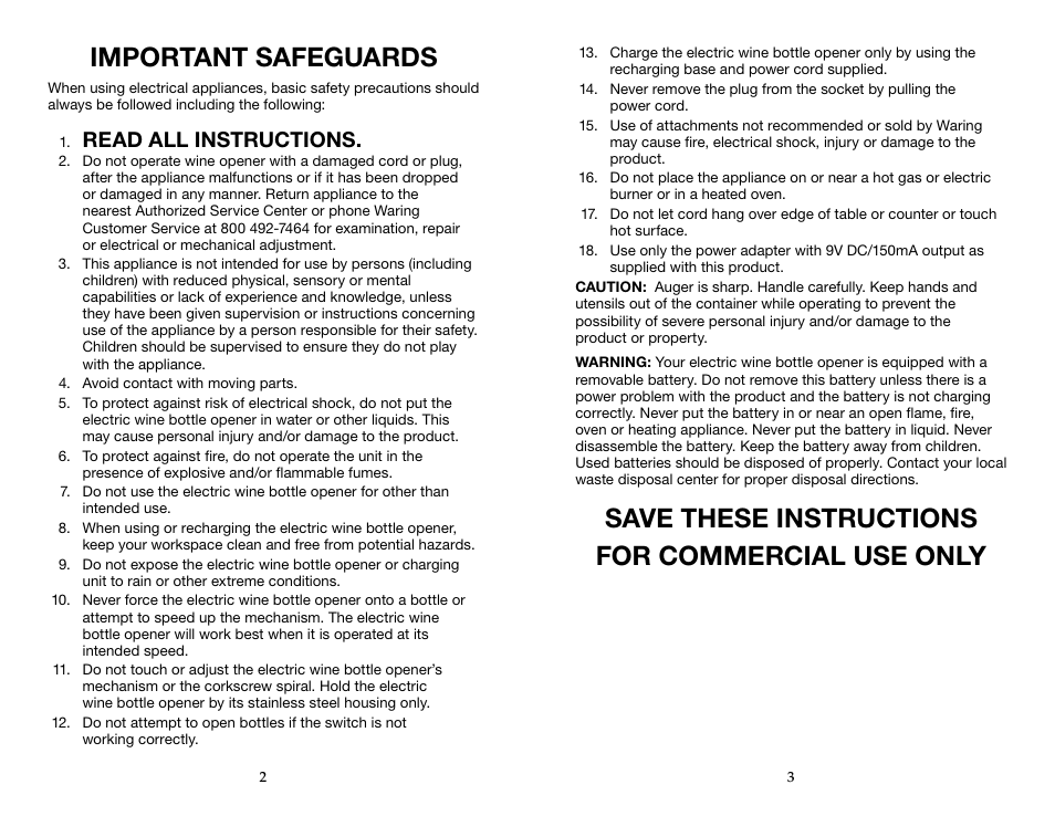 Important safeguards, Save these instructions for commercial use only, Read all instructions | Waring WWO120 User Manual | Page 2 / 13