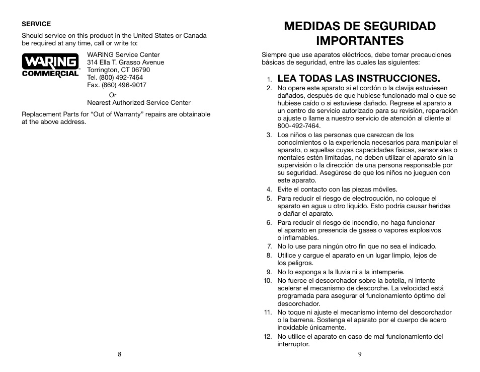 Medidas de seguridad importantes, Lea todas las instrucciones | Waring WWO120 User Manual | Page 5 / 13