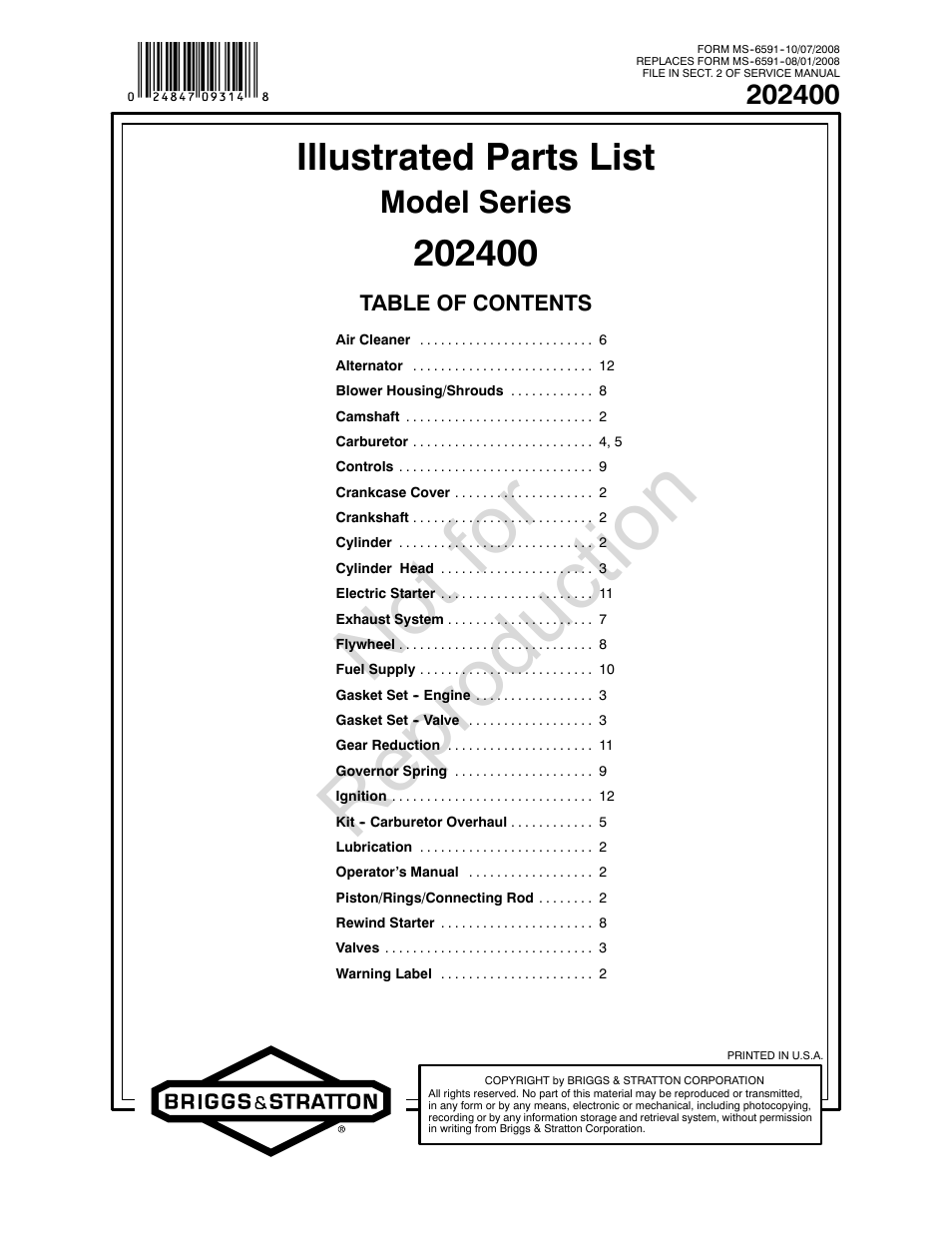 Briggs & Stratton 202400 User Manual | 20 pages
