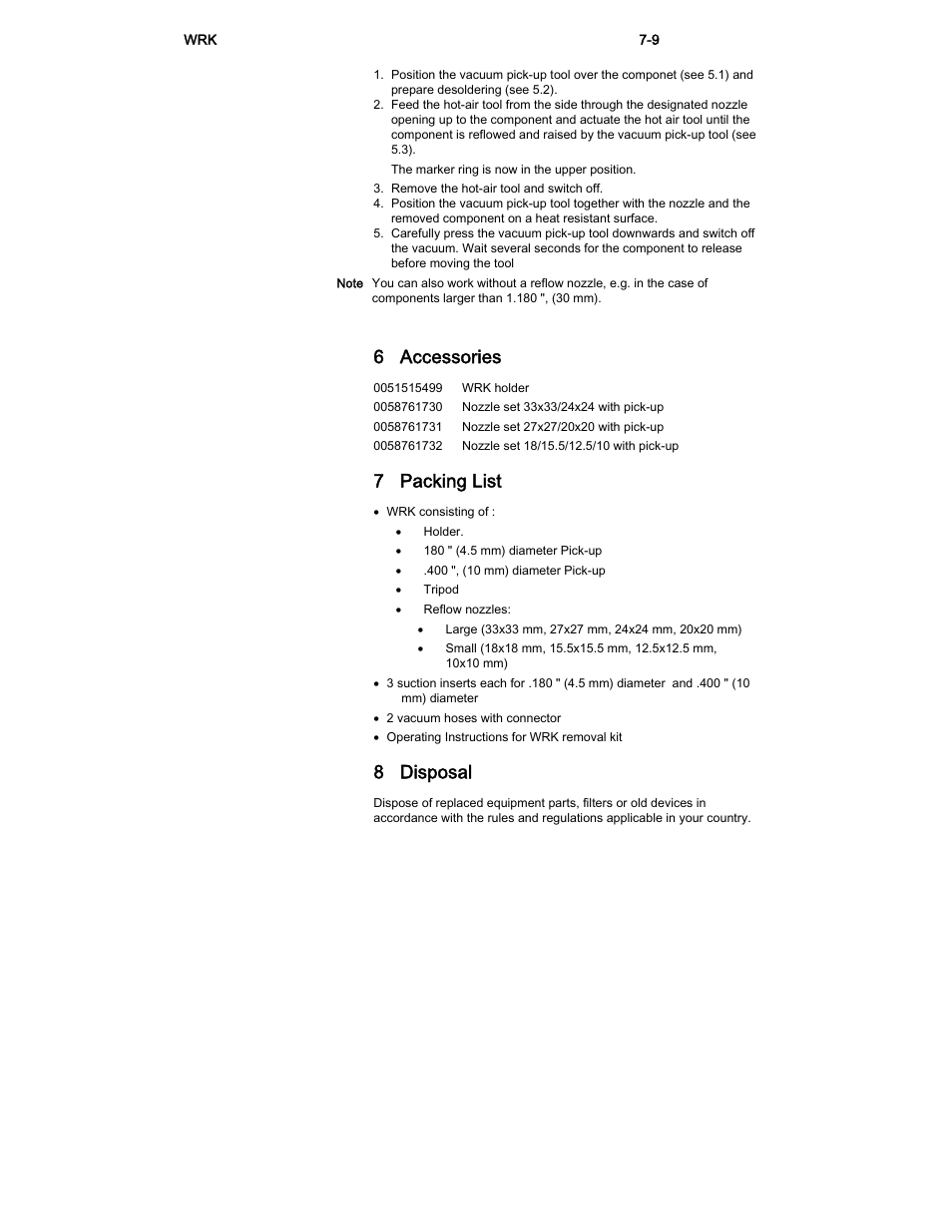 6 accessories, 7 packing list, 8 disposal | Weller WRK User Manual | Page 7 / 9