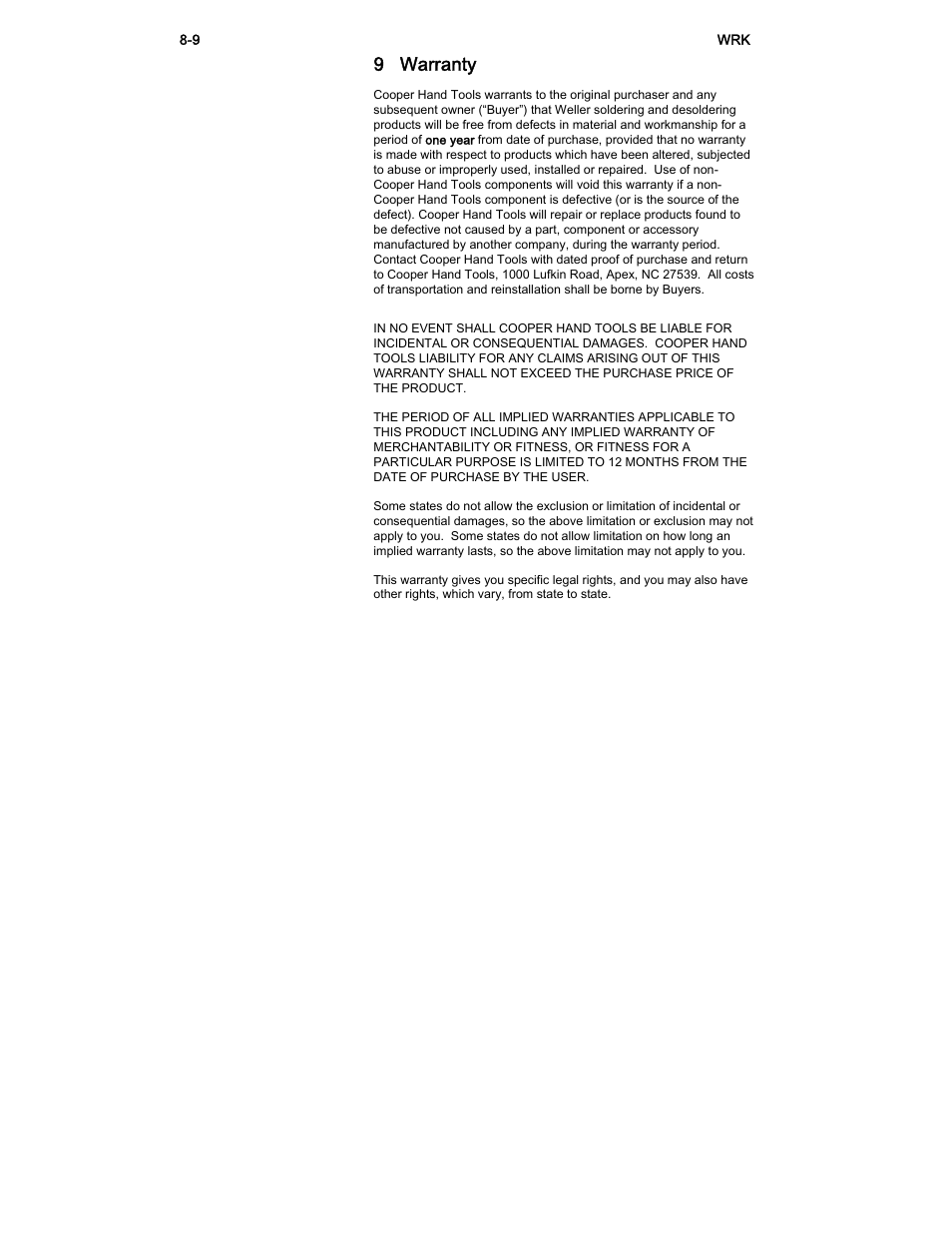9 warranty | Weller WRK User Manual | Page 8 / 9