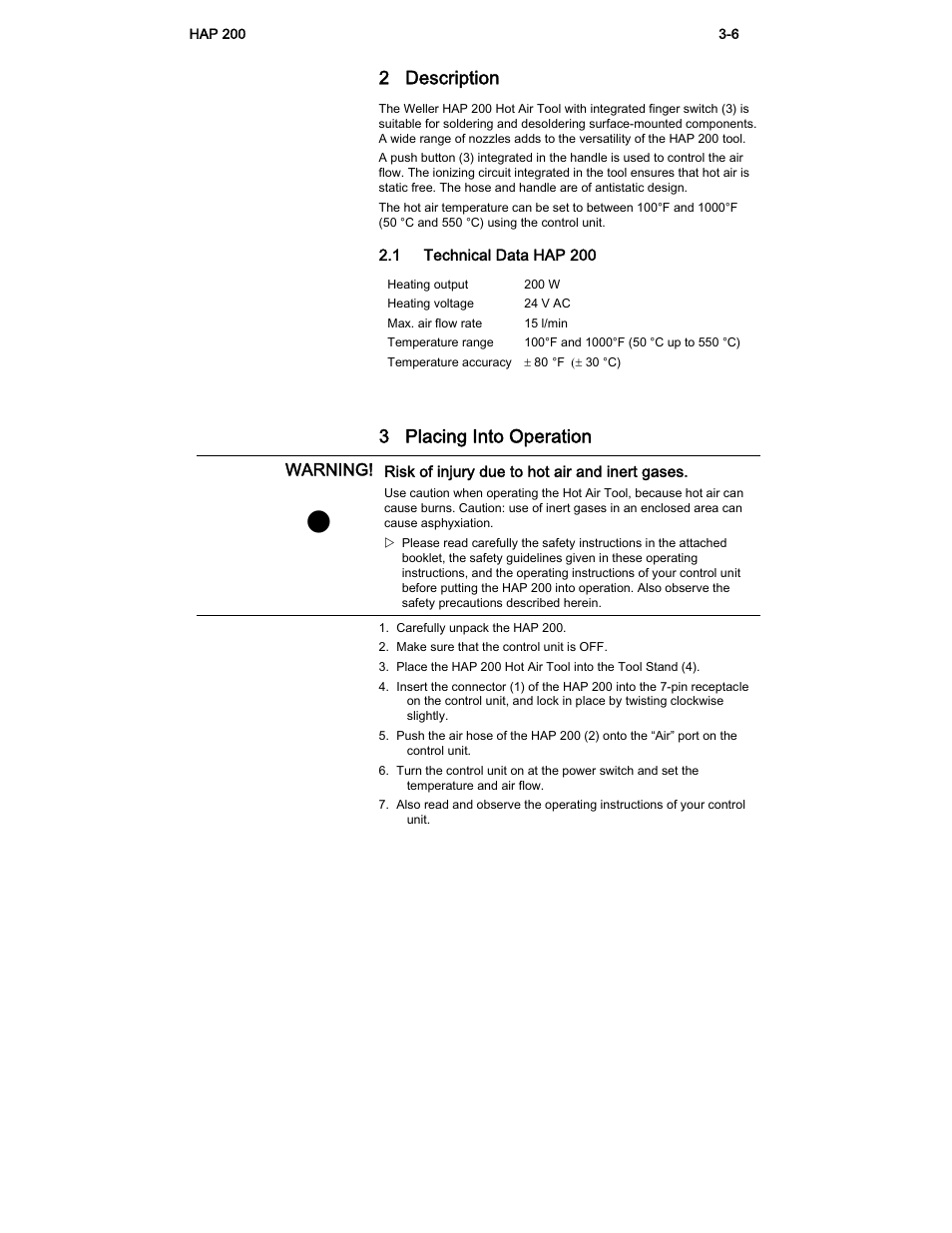 2 description, 3 placing into operation, Warning | Weller HAP 200 User Manual | Page 3 / 6