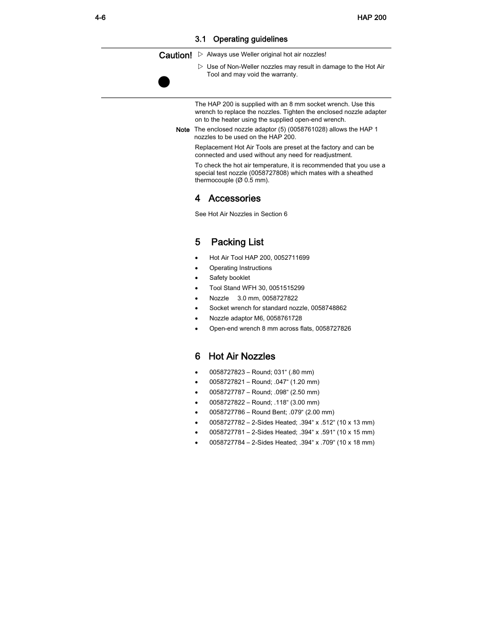 4 accessories, 5 packing list, 6 hot air nozzles | Caution | Weller HAP 200 User Manual | Page 4 / 6