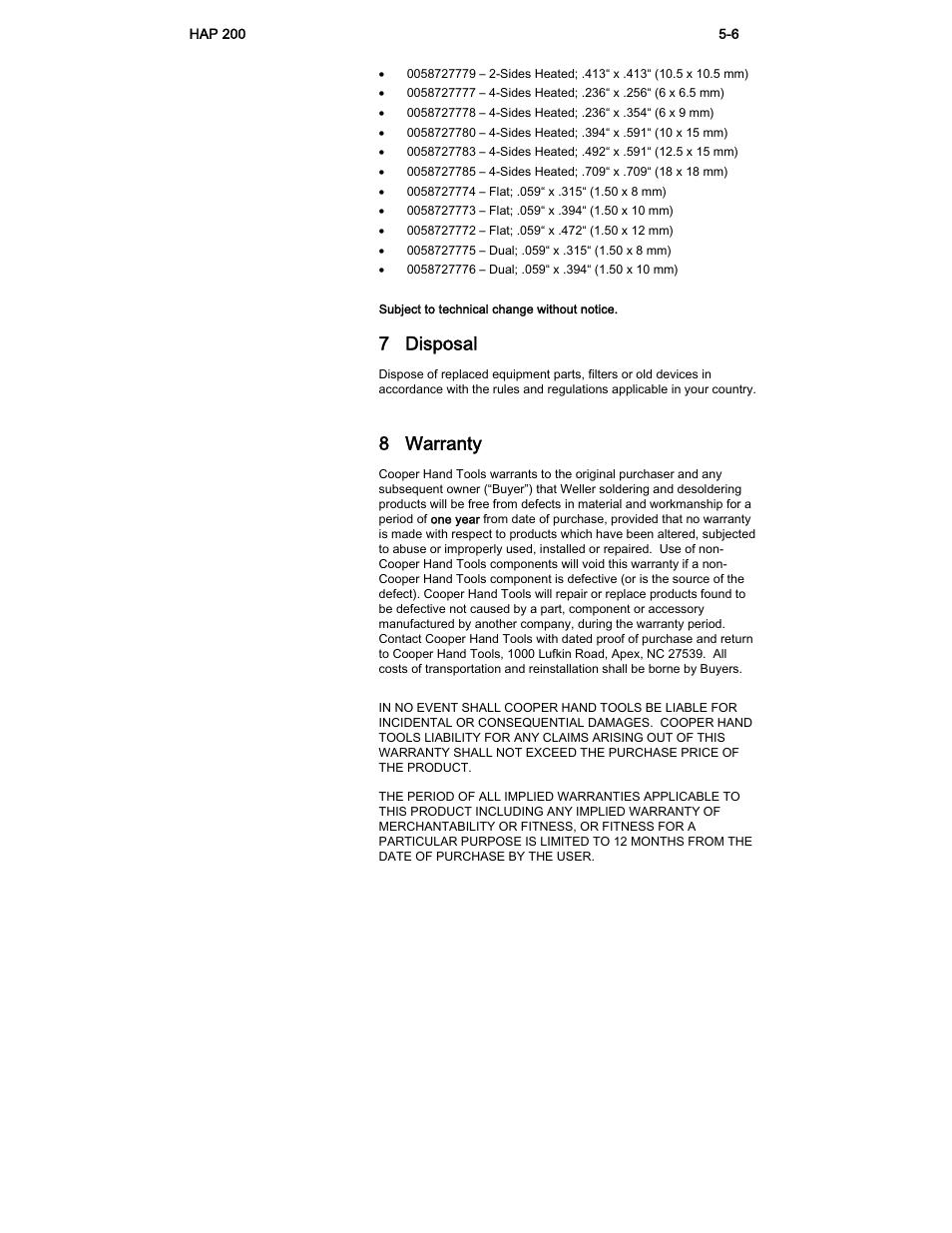 7 disposal, 8 warranty | Weller HAP 200 User Manual | Page 5 / 6