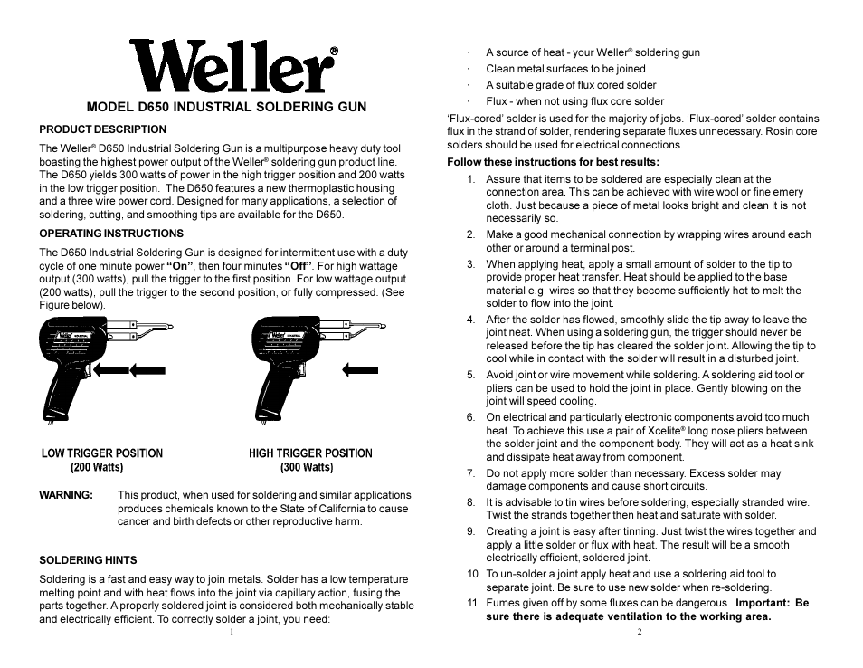 Weller D650 User Manual | 4 pages