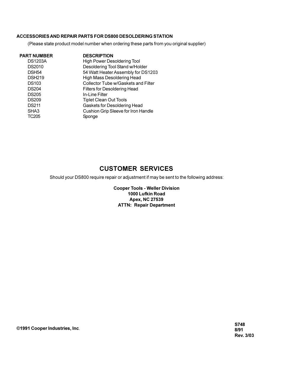 Customer services | Weller DS800 User Manual | Page 4 / 4