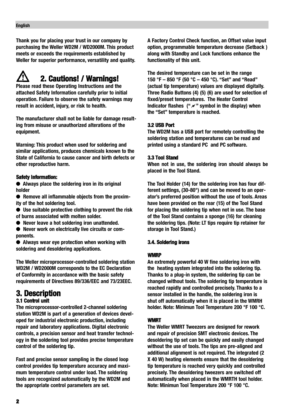 Ccaauuttiioonnss!! // w waarrnniinnggss, Ddeessccrriippttiioonn | Weller WD2000M User Manual | Page 4 / 22