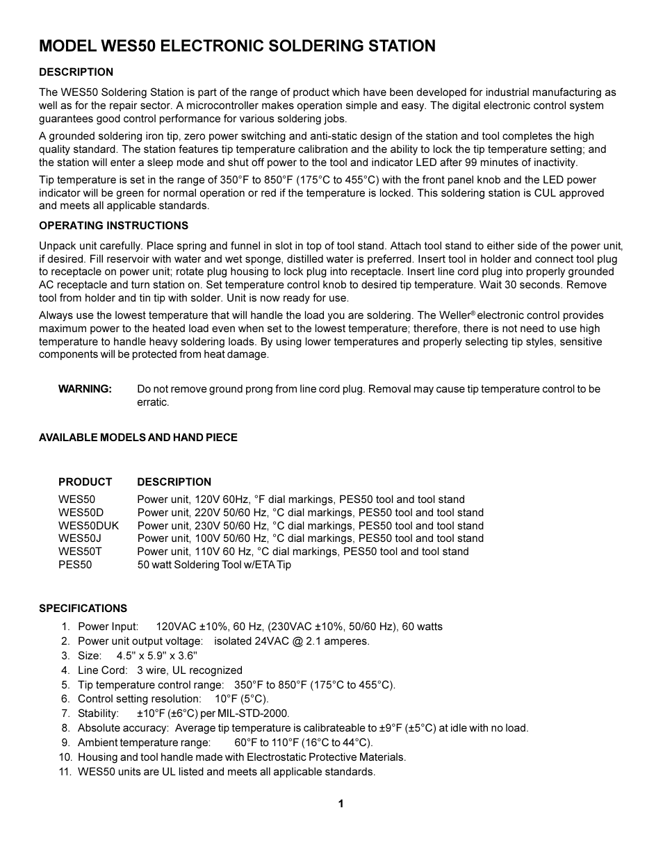 Weller WES50 User Manual | 4 pages