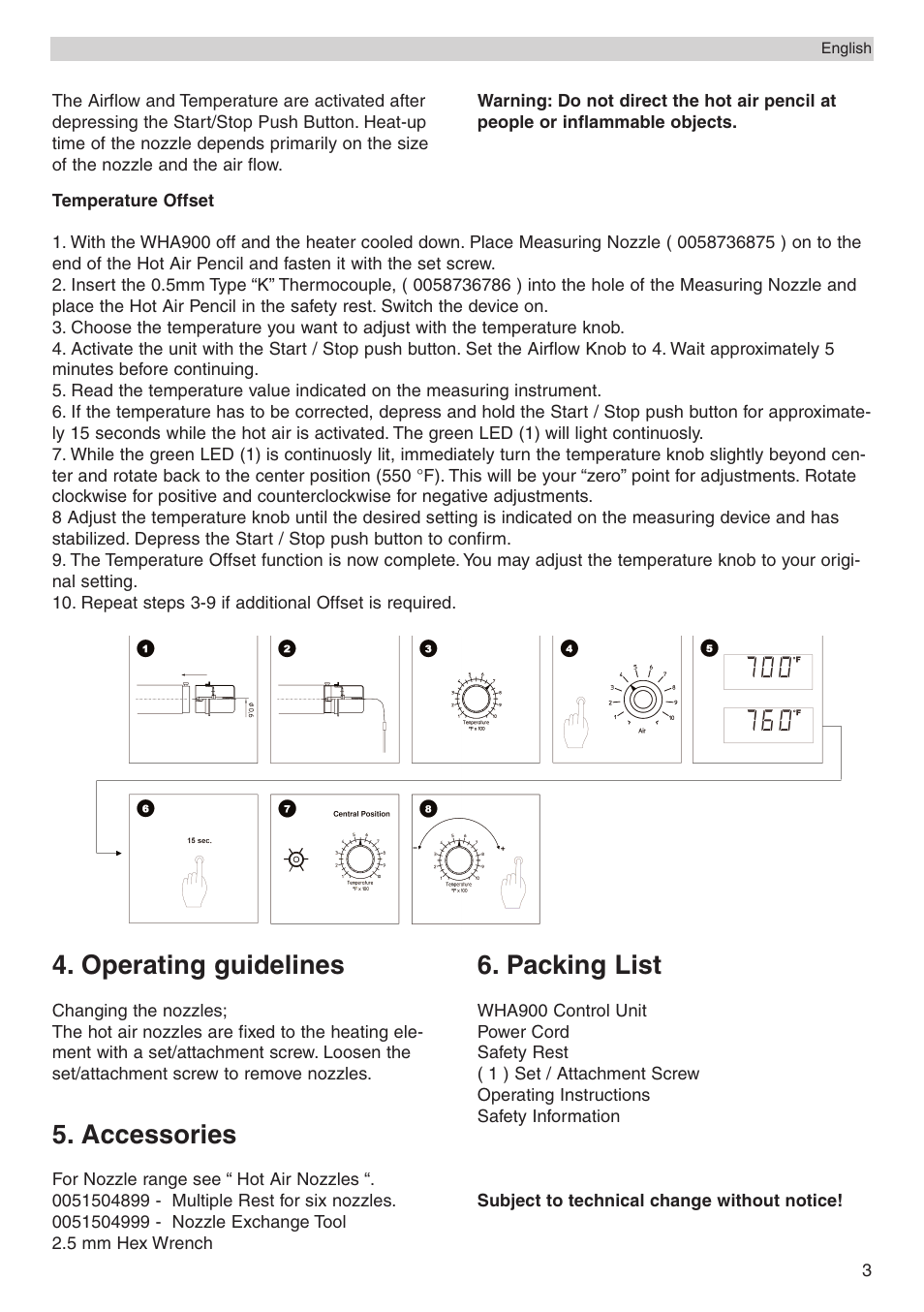 Operating guidelines, Accessories, Packing list | Weller WHA900 User Manual | Page 5 / 11