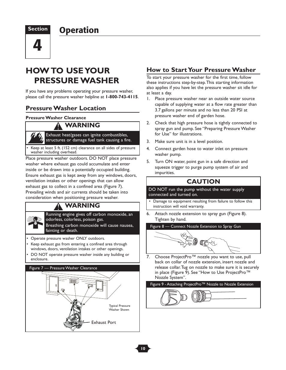 How to use your pressure washer, Operation, Pressure washer location | How to start your pressure washer, Caution, Warning | Briggs & Stratton 20270 User Manual | Page 10 / 36