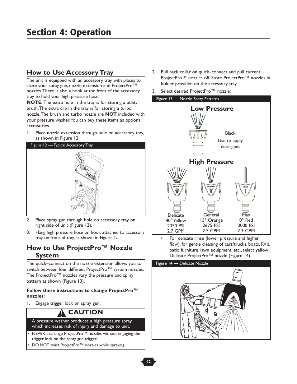 How to use accessory tray, How to use projectpro™ nozzle system, Caution | Low pressure high pressure | Briggs & Stratton 20270 User Manual | Page 12 / 36