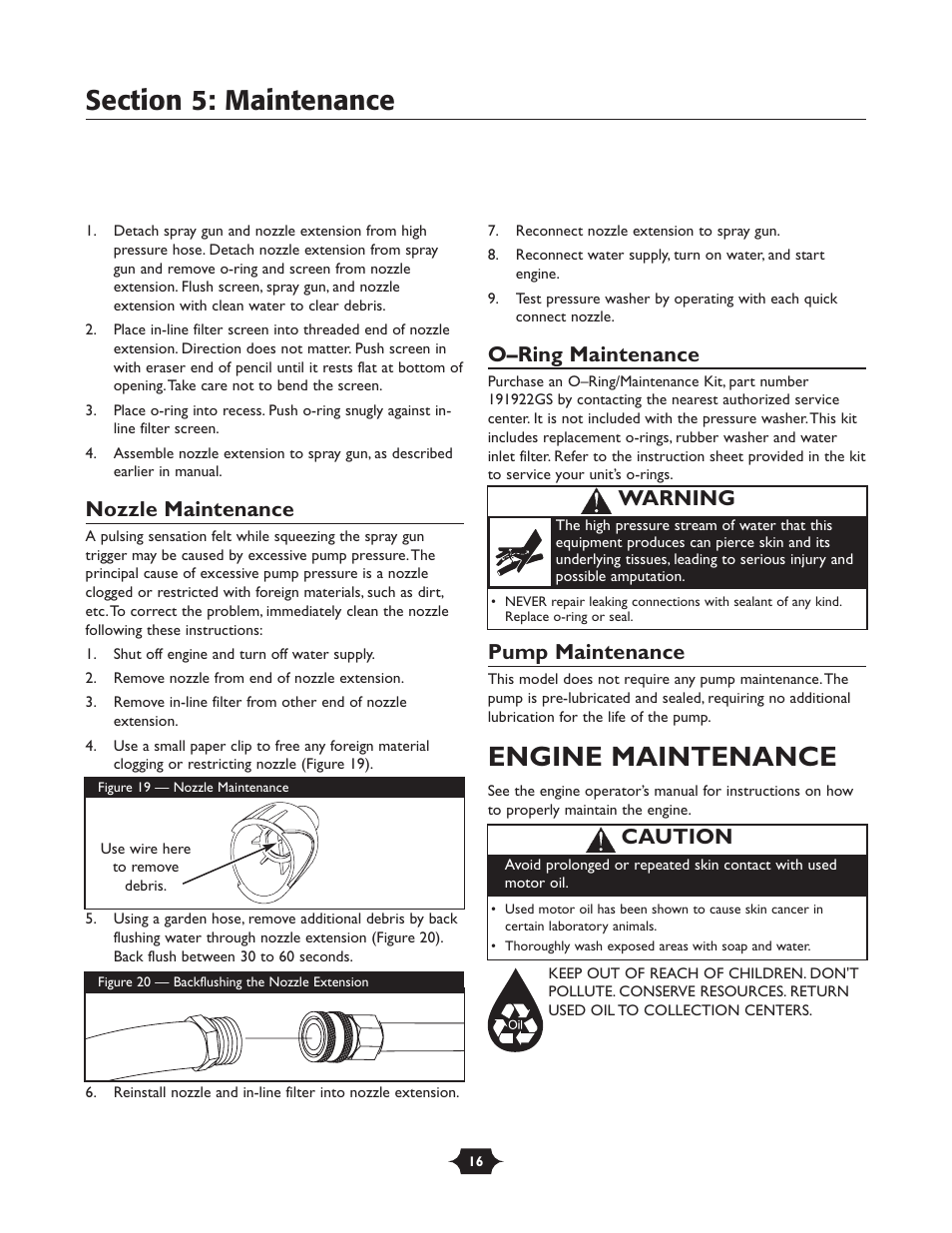 Engine maintenance, Nozzle maintenance, O–ring maintenance | Pump maintenance, Warning, Caution | Briggs & Stratton 20270 User Manual | Page 16 / 36