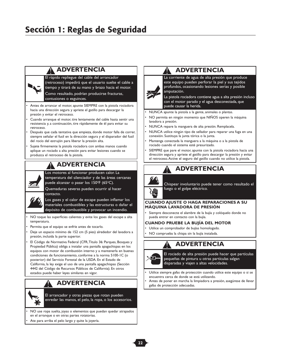 Sección 1: reglas de seguridad, Advertencia | Briggs & Stratton 20270 User Manual | Page 22 / 36