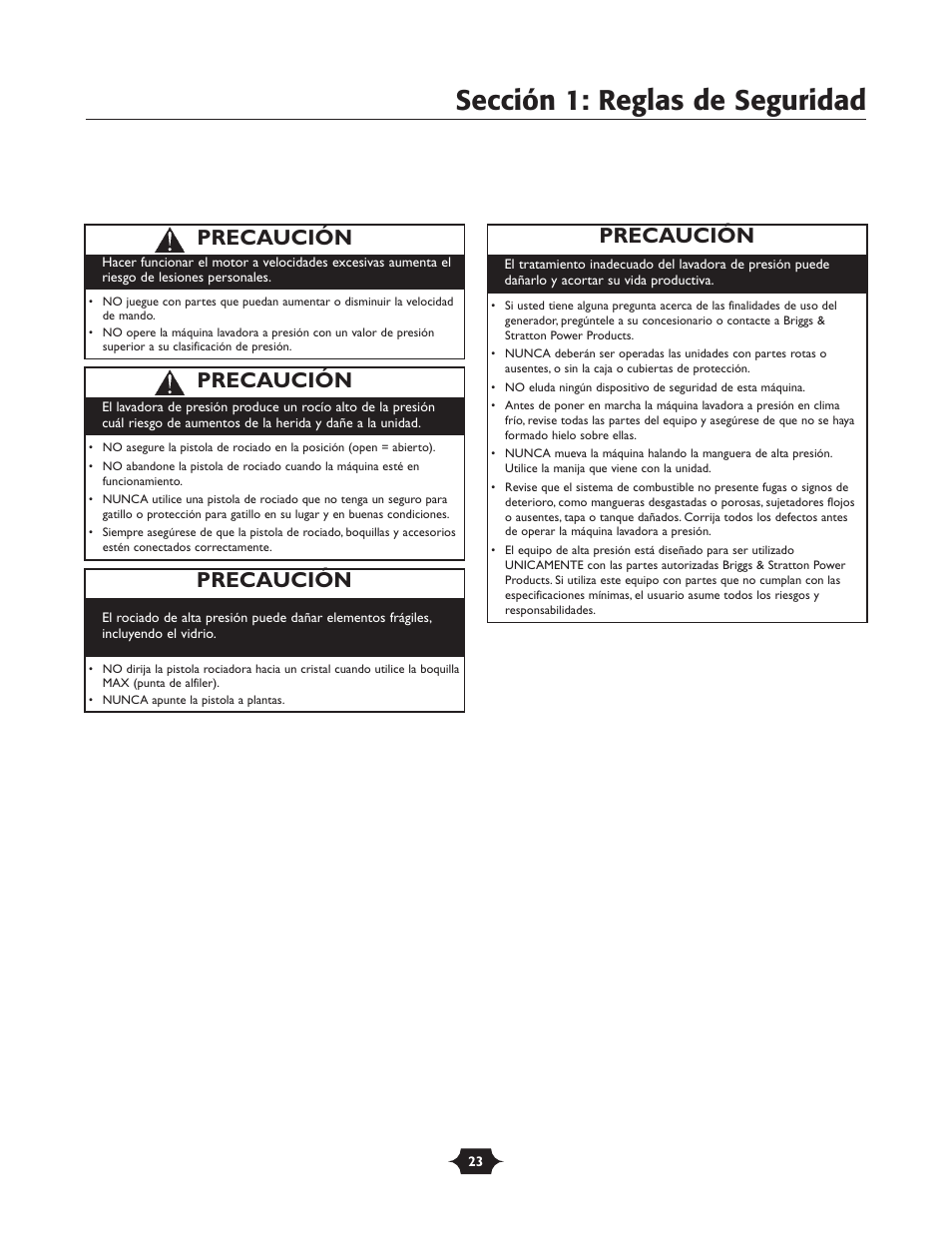 Sección 1: reglas de seguridad, Precaución | Briggs & Stratton 20270 User Manual | Page 23 / 36
