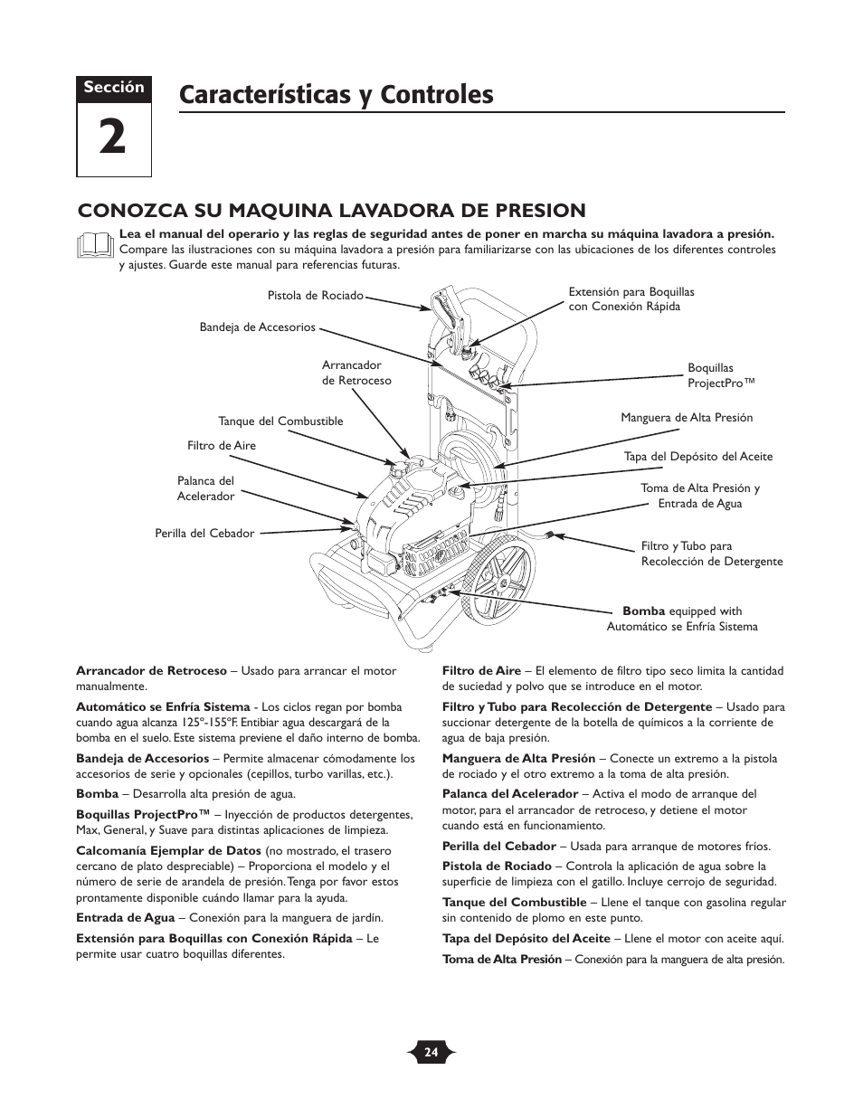 Características y controles, Conozca su maquina lavadora de presion | Briggs & Stratton 20270 User Manual | Page 24 / 36