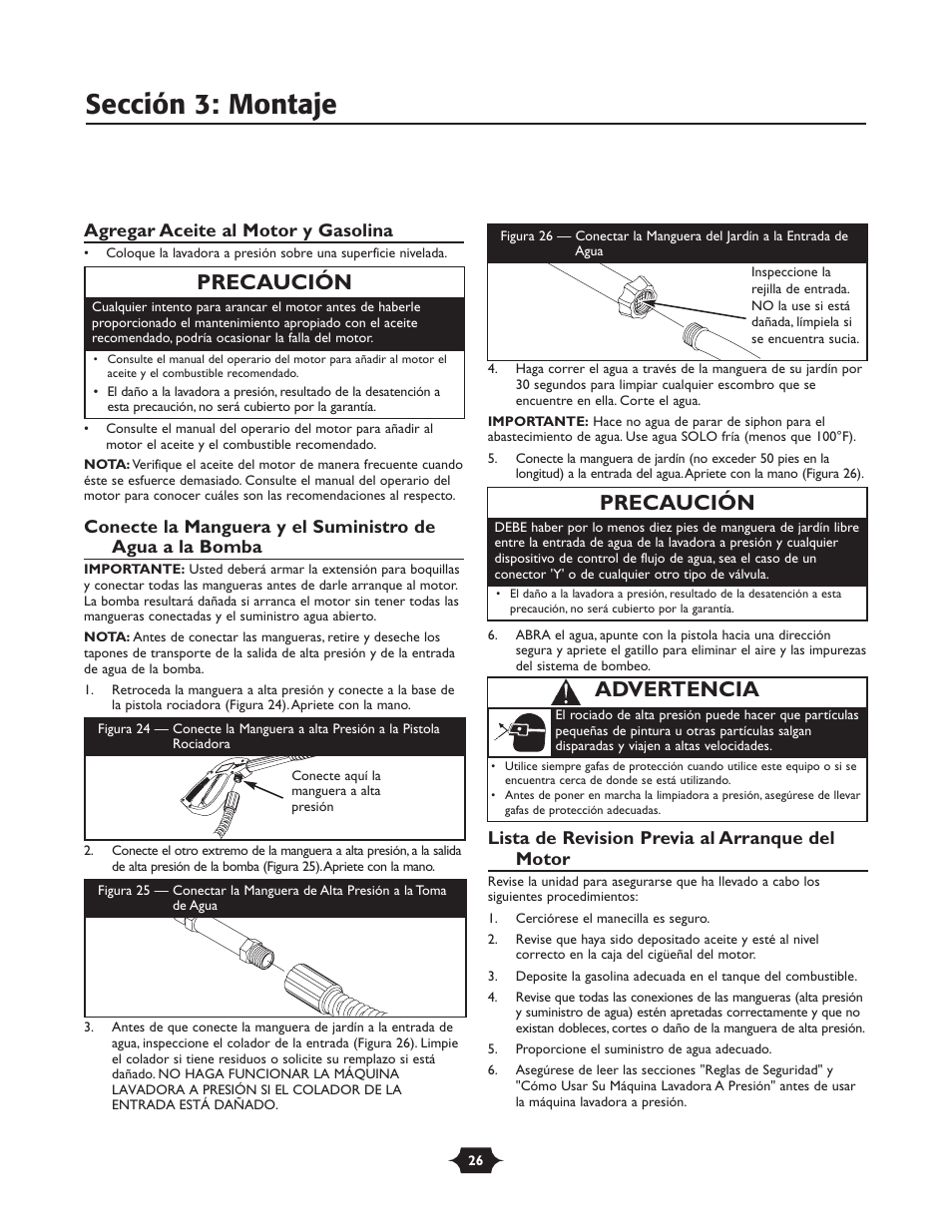Sección 3: montaje, Precaución, Advertencia | Briggs & Stratton 20270 User Manual | Page 26 / 36