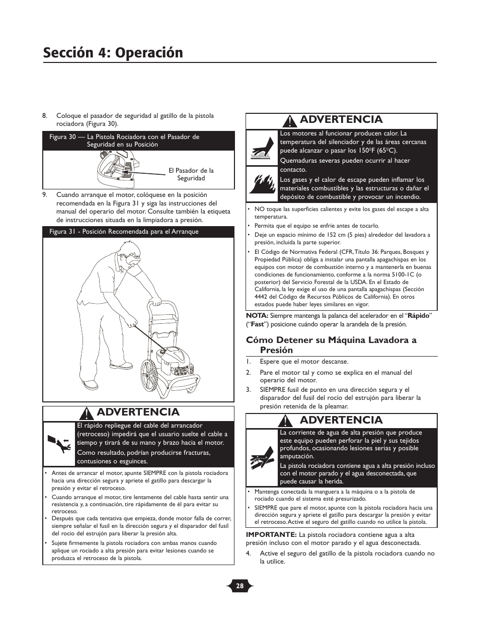 Sección 4: operación, Advertencia, Cómo detener su máquina lavadora a presión | Briggs & Stratton 20270 User Manual | Page 28 / 36