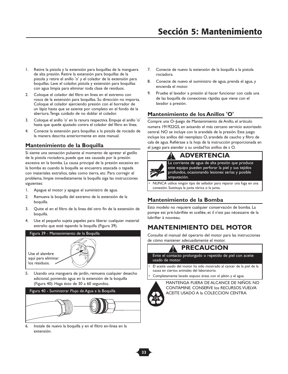 Sección 5: mantenimiento, Mantenimiento del motor, Advertencia | Precaución | Briggs & Stratton 20270 User Manual | Page 33 / 36