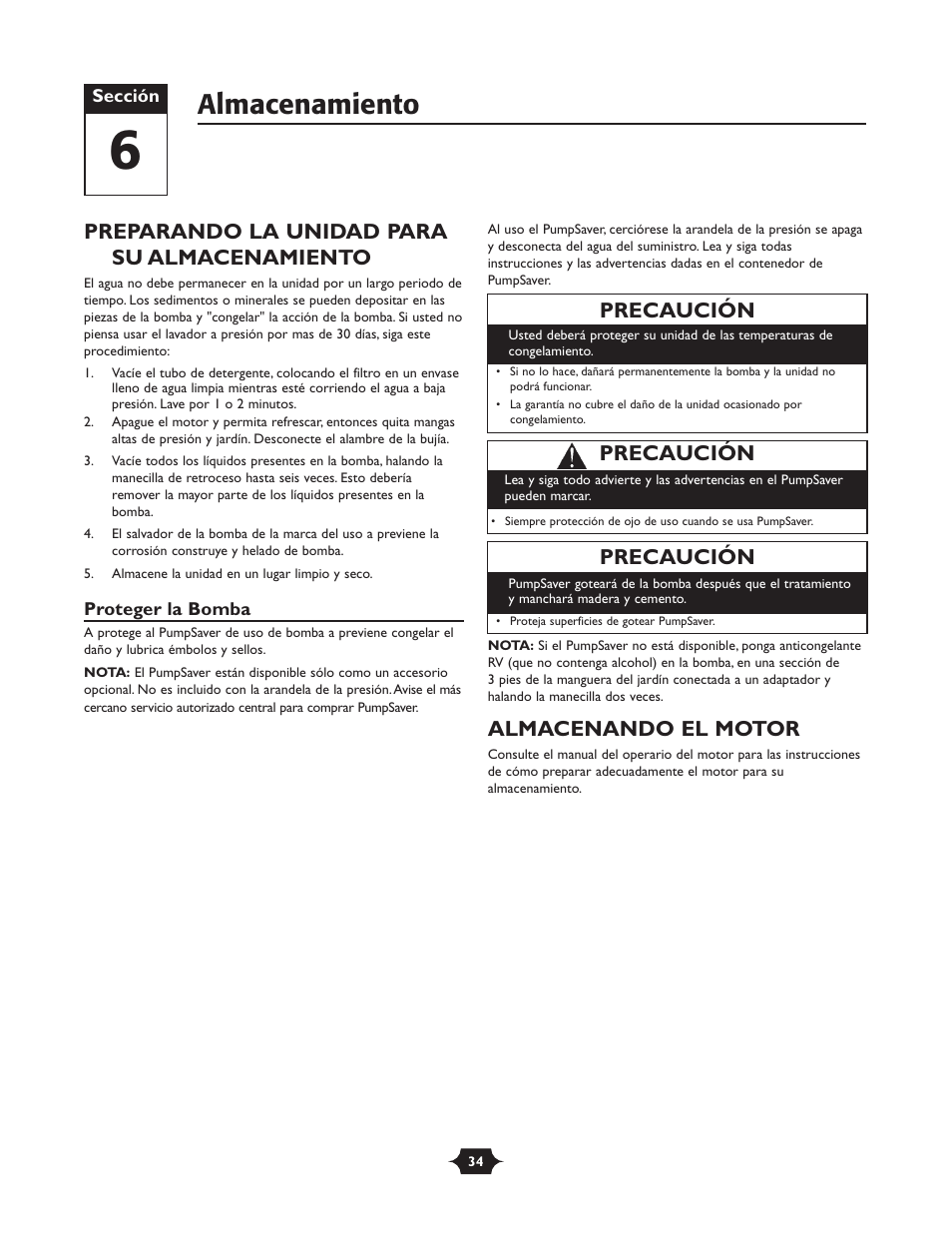 Almacenamiento, Preparando la unidad para su almacenamiento, Almacenando el motor | Precaución | Briggs & Stratton 20270 User Manual | Page 34 / 36
