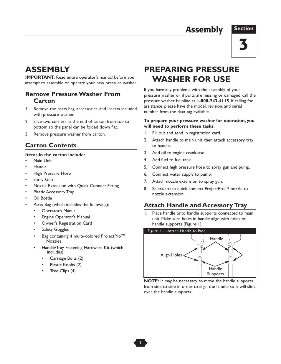 Assembly, Preparing pressure washer for use, Remove pressure washer from carton | Carton contents, Attach handle and accessory tray | Briggs & Stratton 20270 User Manual | Page 7 / 36