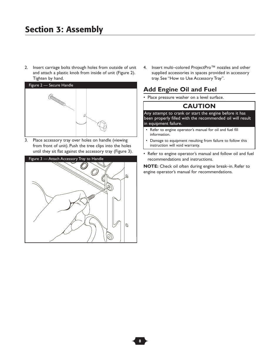 Add engine oil and fuel, Caution | Briggs & Stratton 20270 User Manual | Page 8 / 36