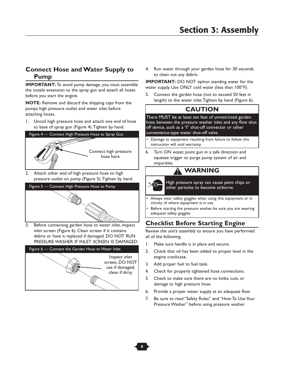 Connect hose and water supply to pump, Checklist before starting engine, Caution | Warning | Briggs & Stratton 20270 User Manual | Page 9 / 36