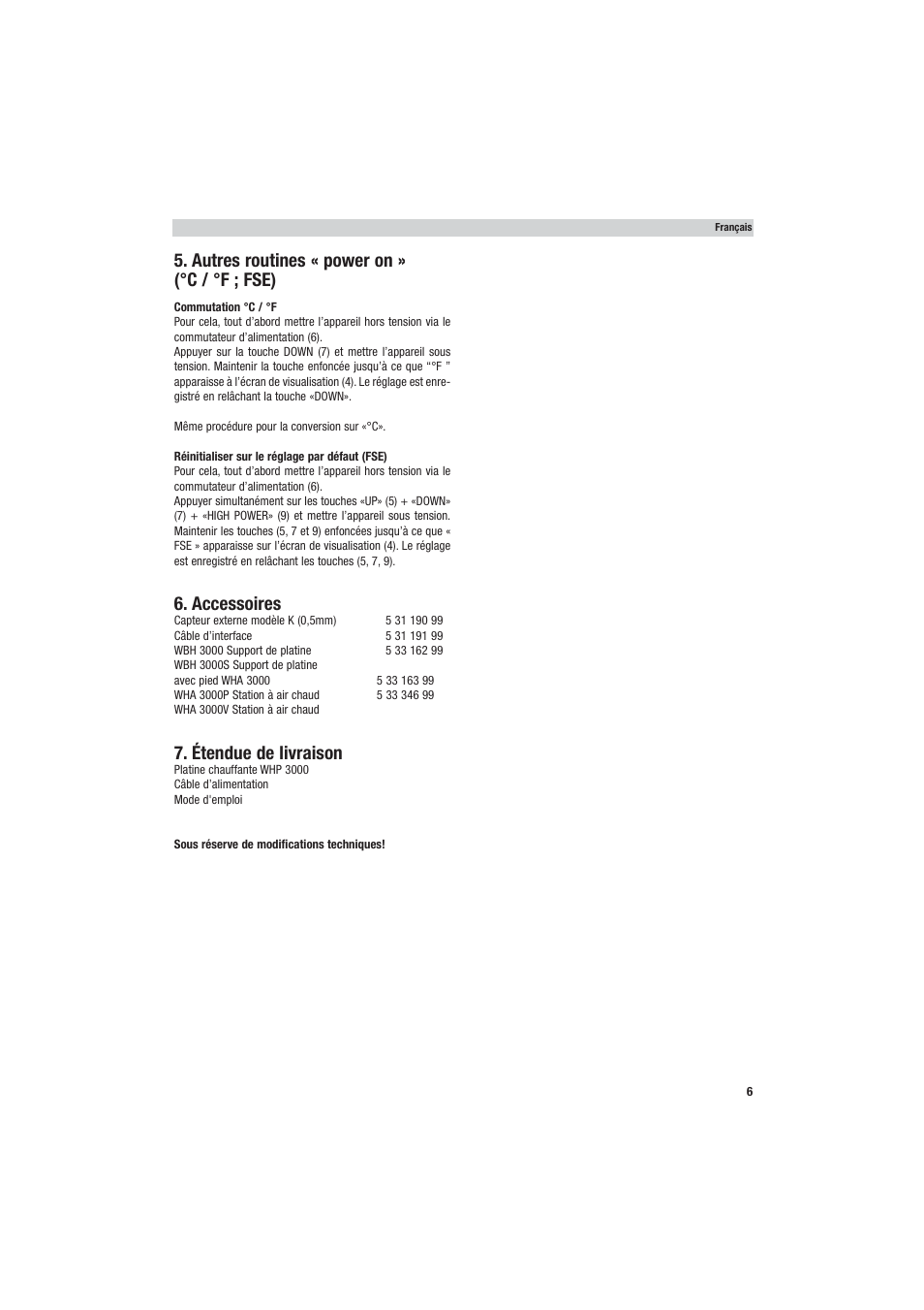 Autres routines « power on » (°c / °f ; fse), Accessoires, Étendue de livraison | Weller WHP 3000 User Manual | Page 11 / 37