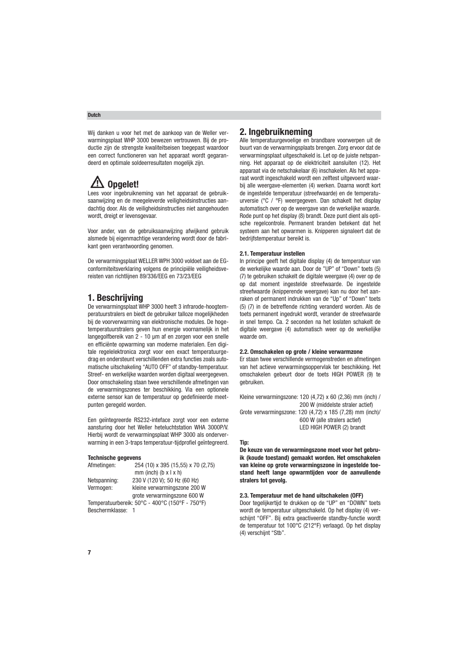 Opgelet, Beschrijving, Ingebruikneming | Weller WHP 3000 User Manual | Page 12 / 37