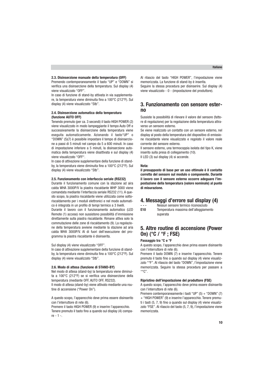 Funzionamento con sensore ester- no, Messaggi d’errore sul display (4) | Weller WHP 3000 User Manual | Page 15 / 37