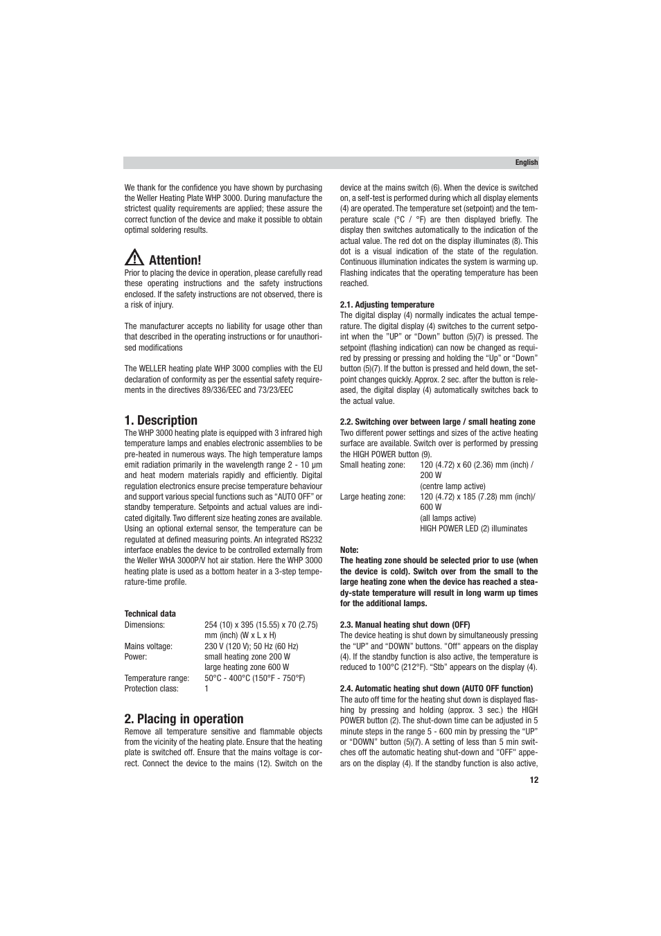 Attention, Description, Placing in operation | Weller WHP 3000 User Manual | Page 17 / 37