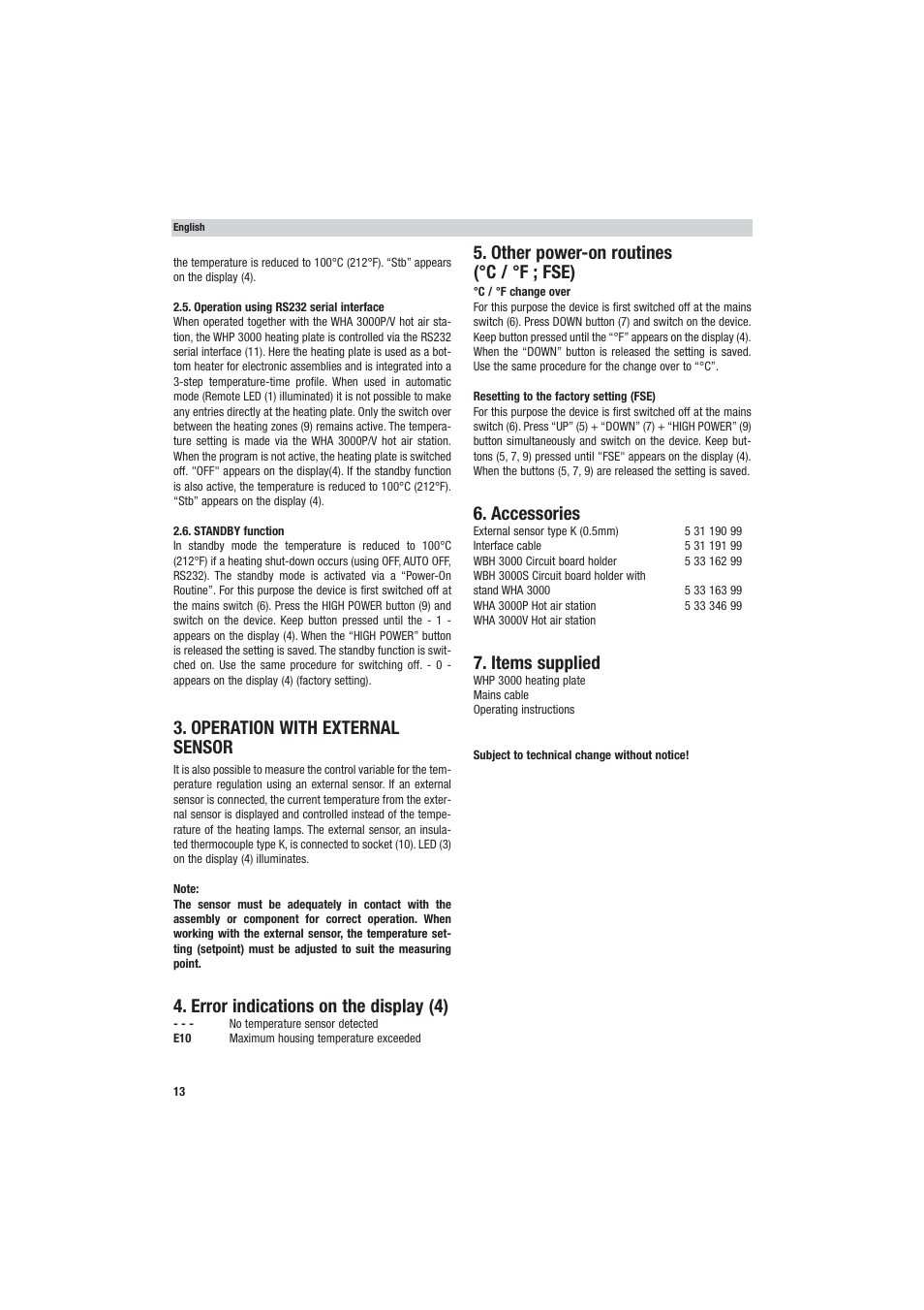 Operation with external sensor, Error indications on the display (4), Other power-on routines (°c / °f ; fse) | Accessories, Items supplied | Weller WHP 3000 User Manual | Page 18 / 37