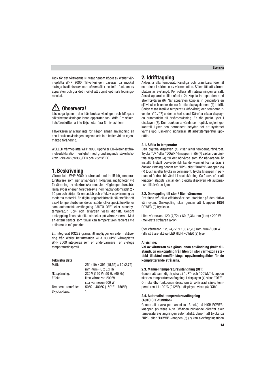 Idrifttagning, Observera, Beskrivning | Weller WHP 3000 User Manual | Page 19 / 37