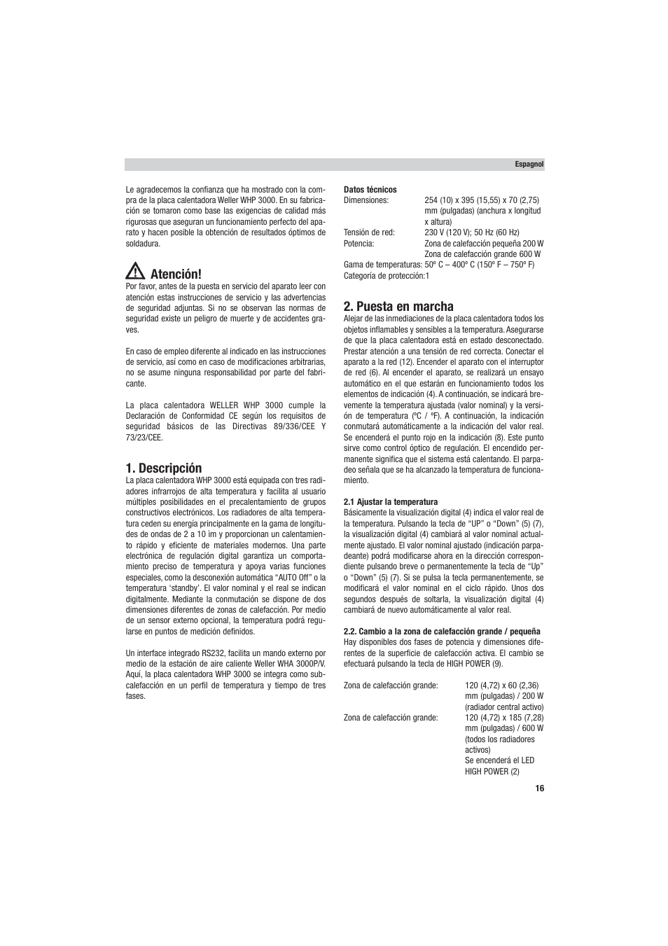 Atención, Descripción, Puesta en marcha | Weller WHP 3000 User Manual | Page 21 / 37