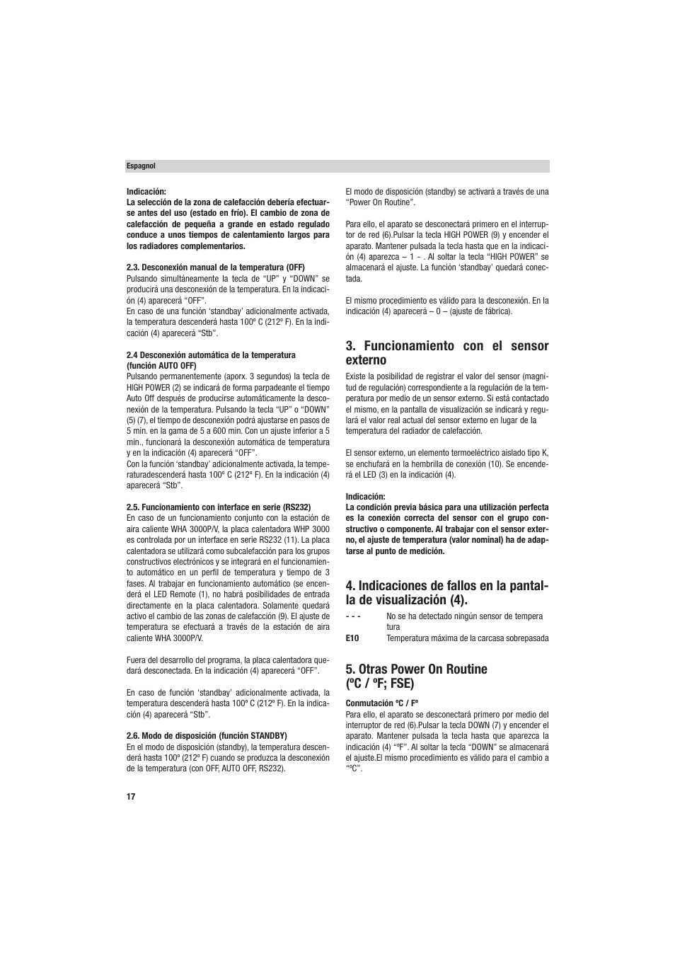 Funcionamiento con el sensor externo, Otras power on routine (ºc / ºf; fse) | Weller WHP 3000 User Manual | Page 22 / 37