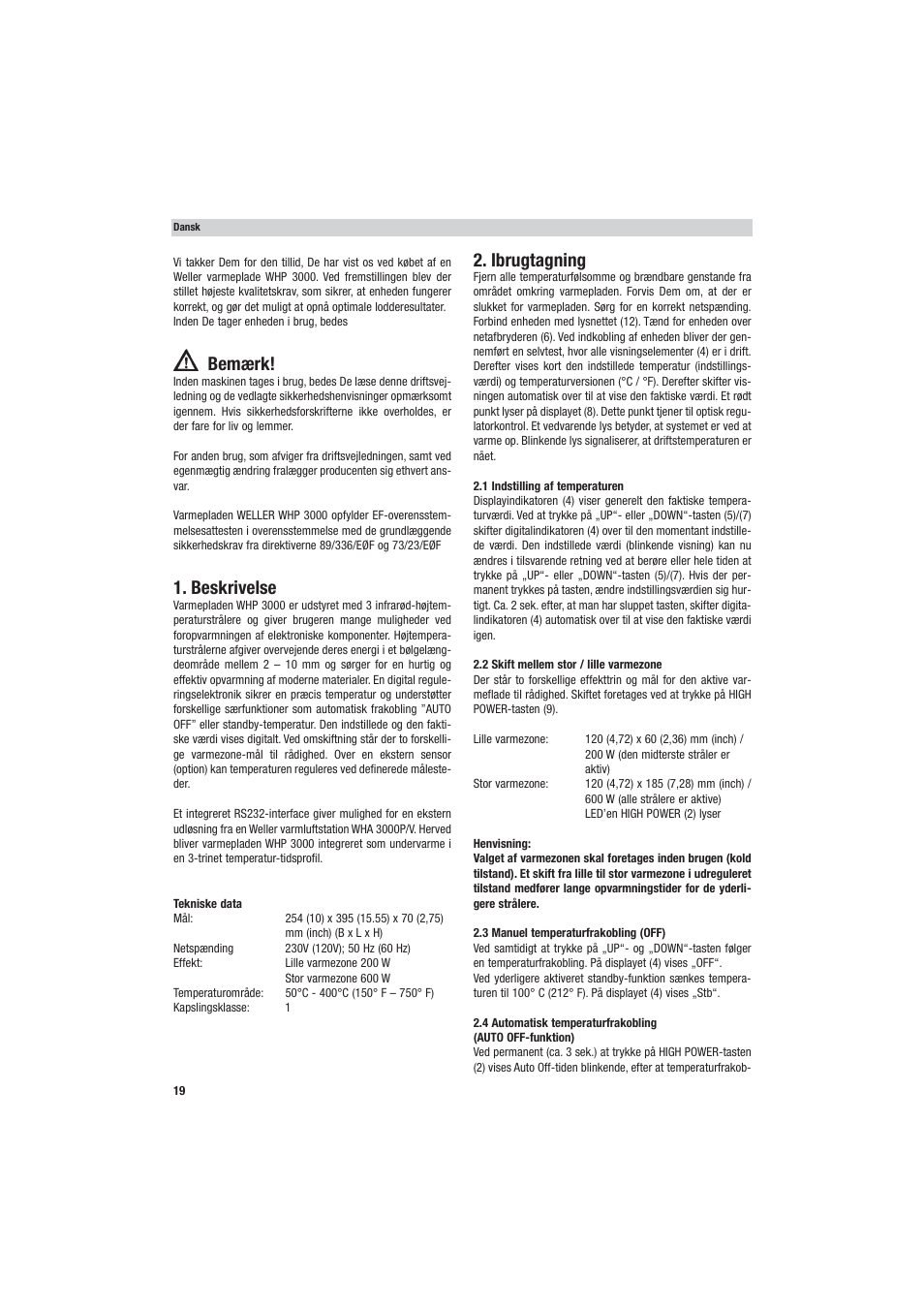 Bemærk, Beskrivelse, Ibrugtagning | Weller WHP 3000 User Manual | Page 24 / 37