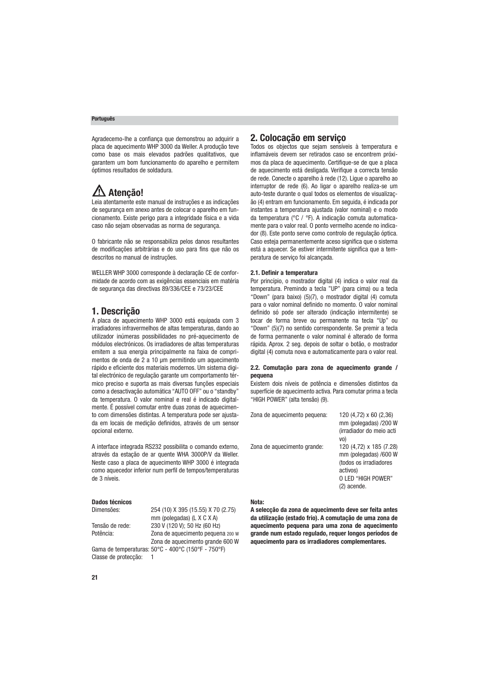 Atenção, Descrição, Colocação em serviço | Weller WHP 3000 User Manual | Page 26 / 37