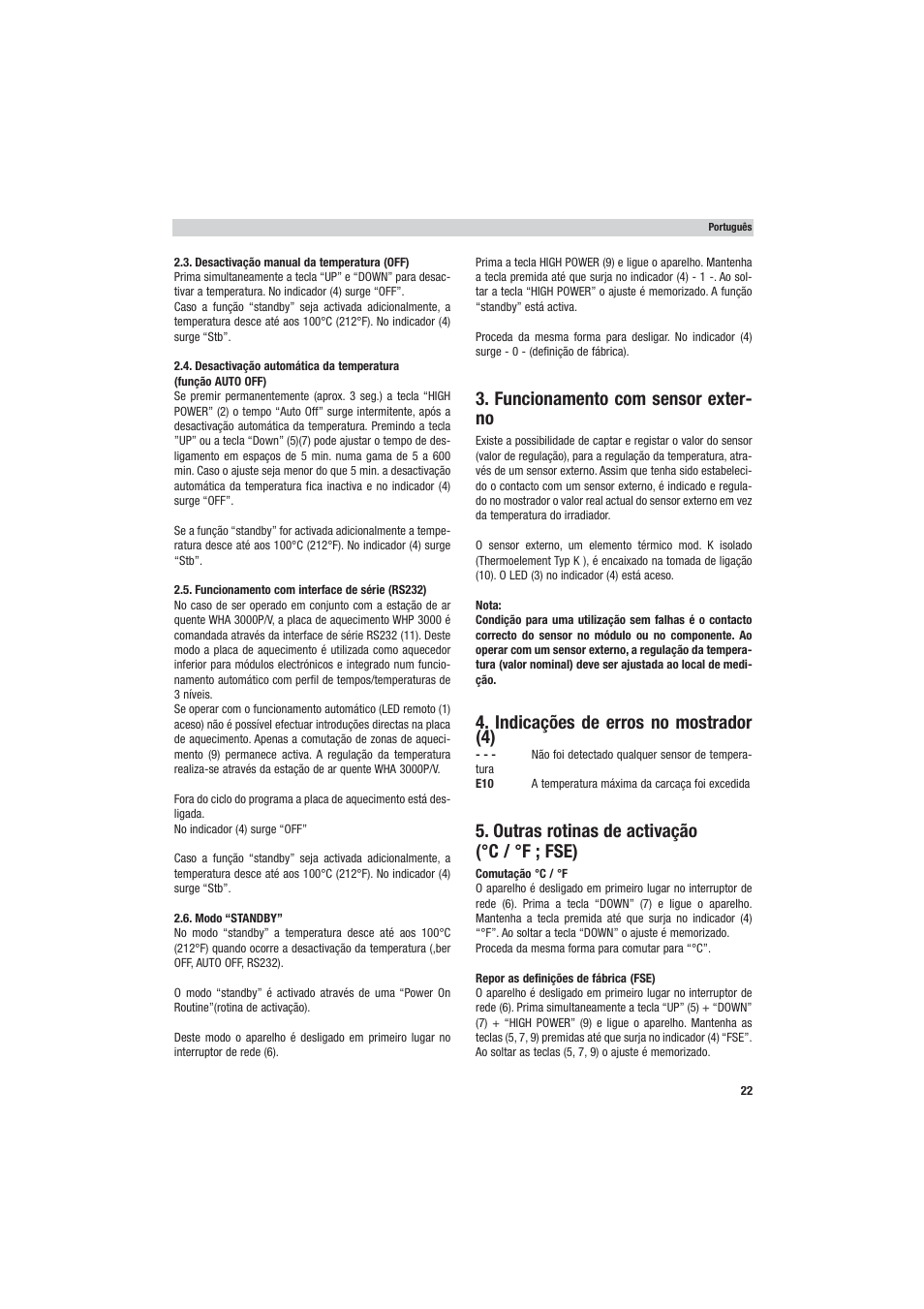 Funcionamento com sensor exter- no, Indicações de erros no mostrador (4), Outras rotinas de activação (°c / °f ; fse) | Weller WHP 3000 User Manual | Page 27 / 37