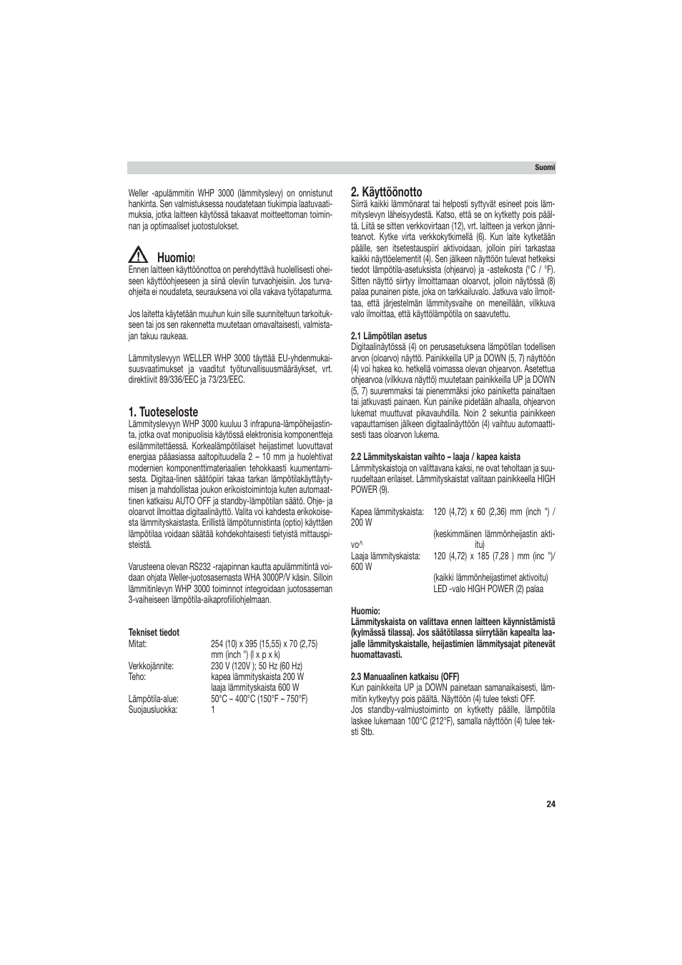 Huomio, Tuoteseloste, Käyttöönotto | Weller WHP 3000 User Manual | Page 29 / 37