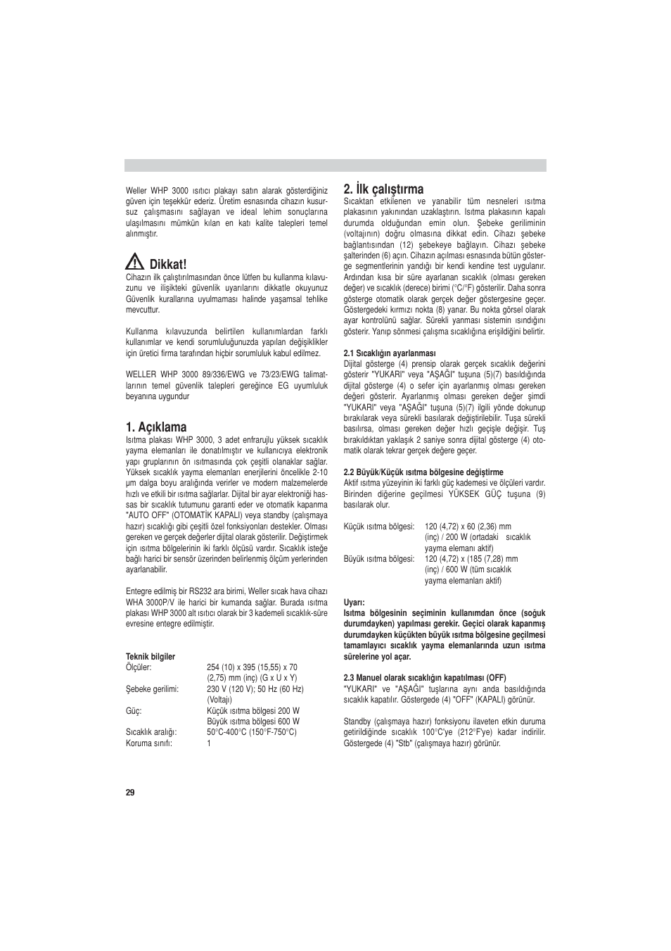 Dikkat, Aç›klama, ‹lk çal›ﬂt›rma | Weller WHP 3000 User Manual | Page 34 / 37