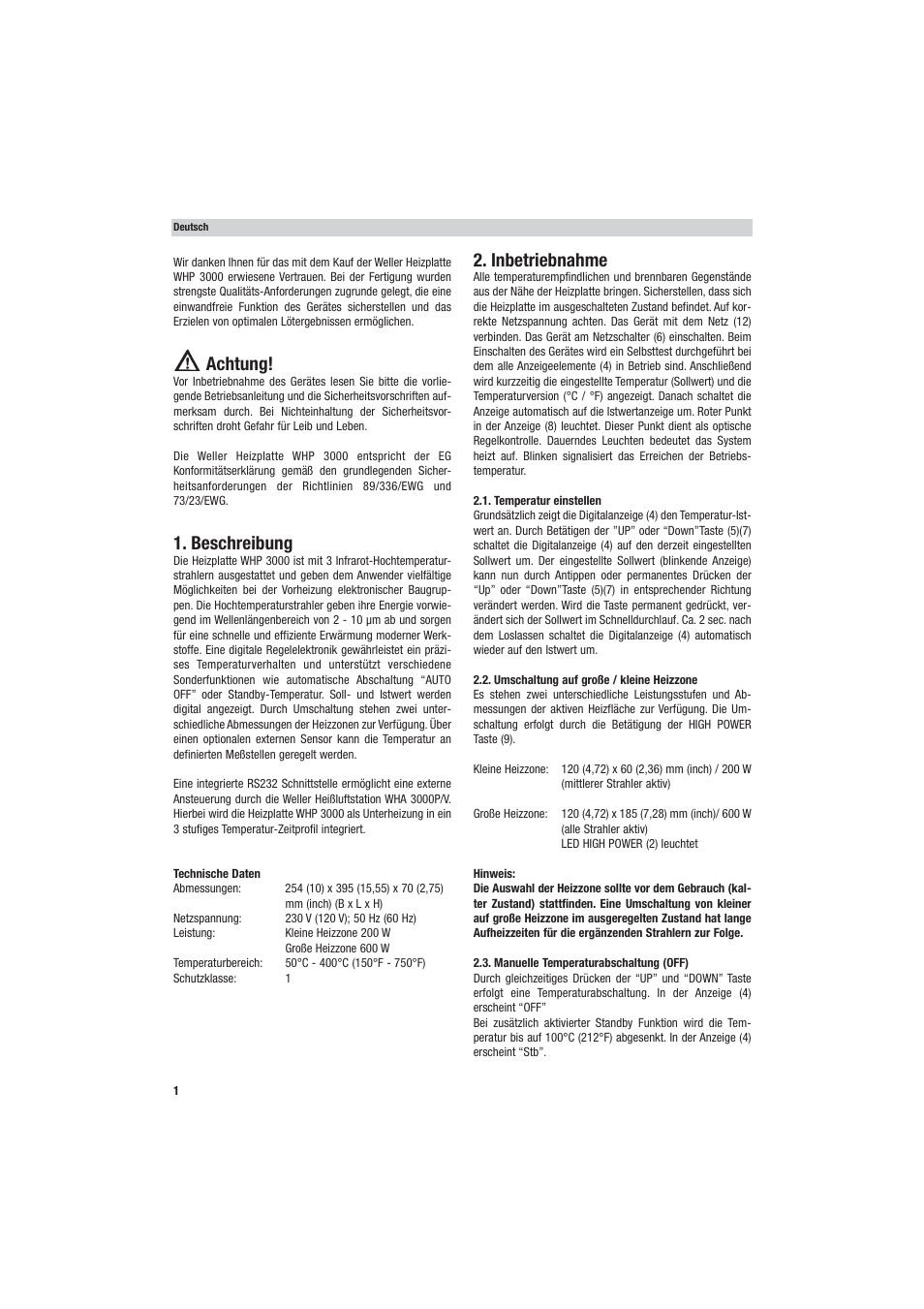 Achtung, Beschreibung, Inbetriebnahme | Weller WHP 3000 User Manual | Page 6 / 37