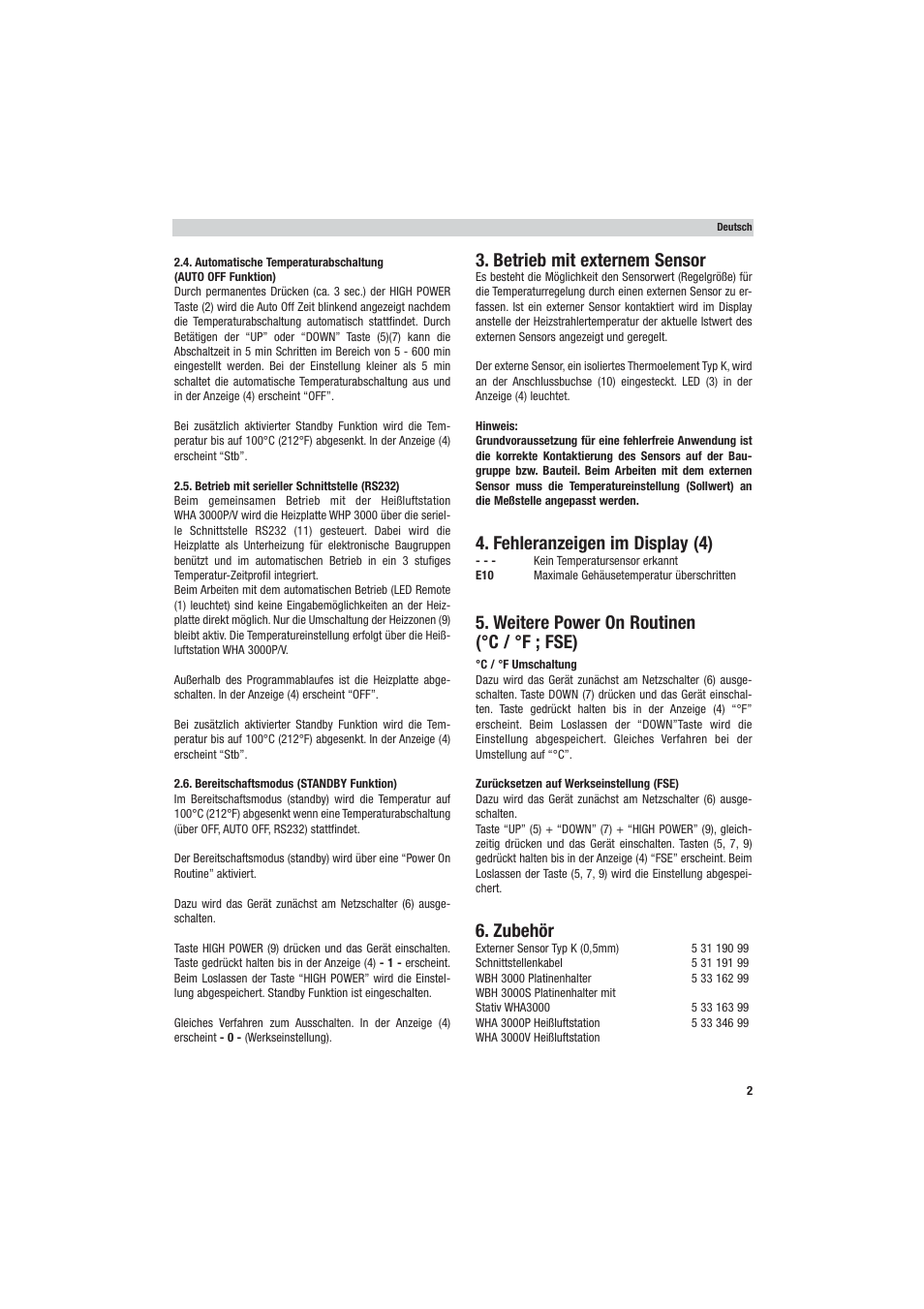 Betrieb mit externem sensor, Fehleranzeigen im display (4), Weitere power on routinen (°c / °f ; fse) | Zubehör | Weller WHP 3000 User Manual | Page 7 / 37