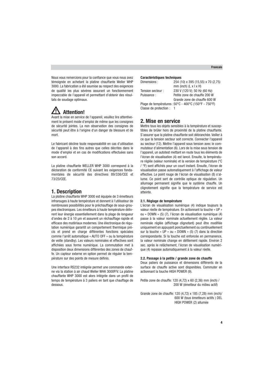 Attention, Description, Mise en service | Weller WHP 3000 User Manual | Page 9 / 37
