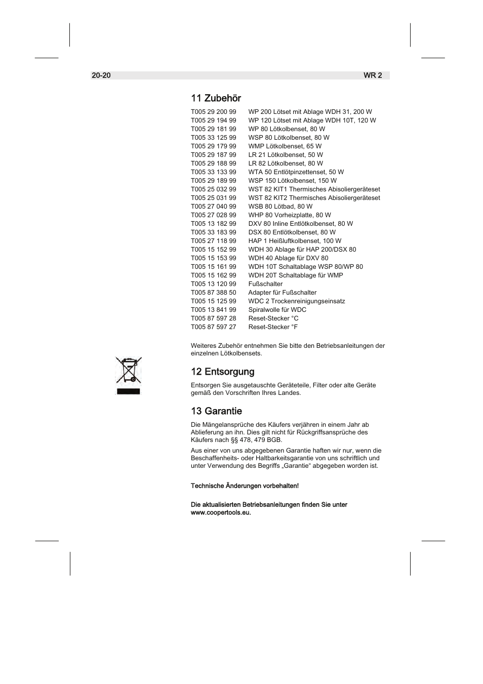 11 zubehör, 12 entsorgung, 13 garantie | Weller WR2 User Manual | Page 20 / 65