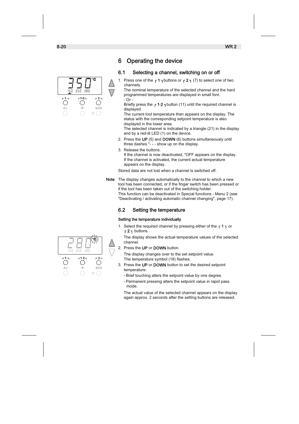 6 operating the device, 1 selecting a channel, switching on or off, 2 setting the temperature | Weller WR2 User Manual | Page 28 / 65