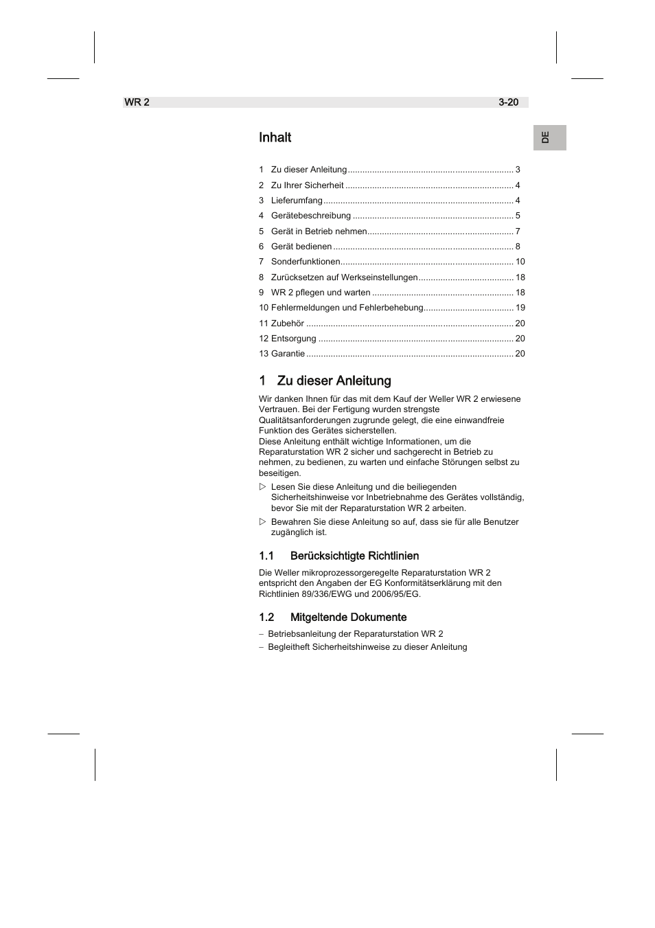 Inhalt, 1 zu dieser anleitung | Weller WR2 User Manual | Page 3 / 65